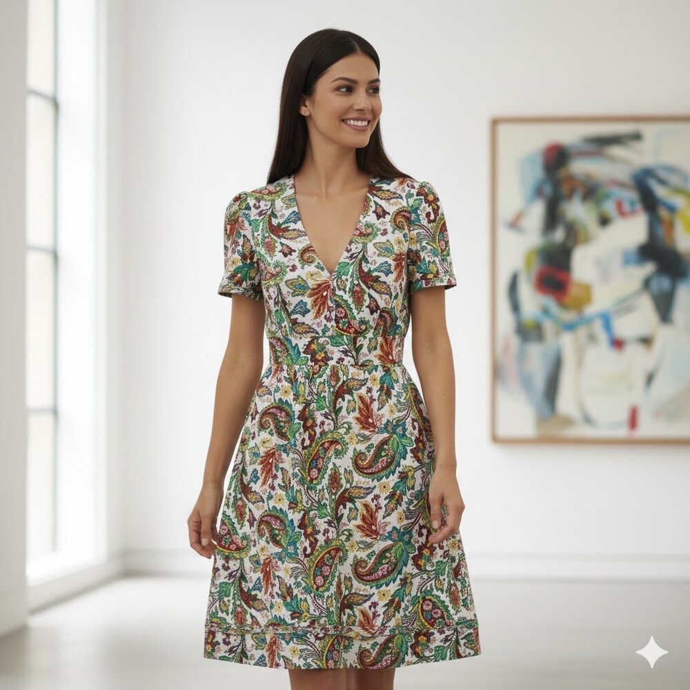 Boden Eve 100%Linen Paisley Dress Tall 14L Azure Fit Flare Smocked Summer Resort